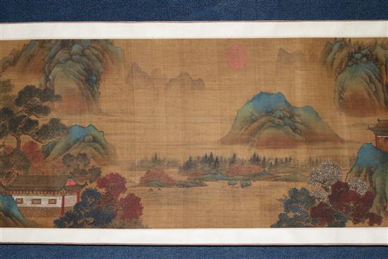 A Chinese hand scroll painting in Ming Dynasty style, main image 32cm x 166cm